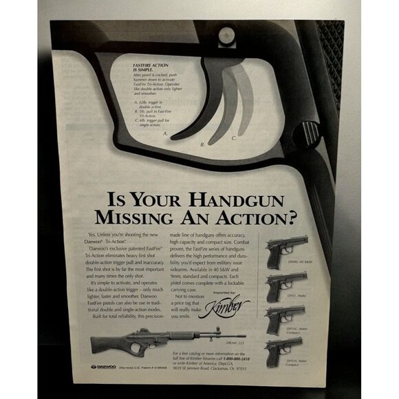 Daewoo Tri-Action Handgun Vintage Print Ad 1990s FastFire Pistols Kimber - Picture 1 of 6